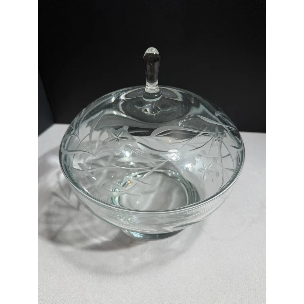 Vintage Etched Clear Glass Candy Dish with Lid Floral Pattern Pedestal Bowl